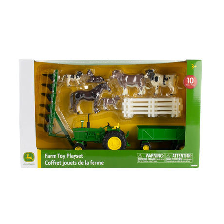 TOMY | John Deere tractor 4020 1:32 con vagon, rastra, corral y caballos