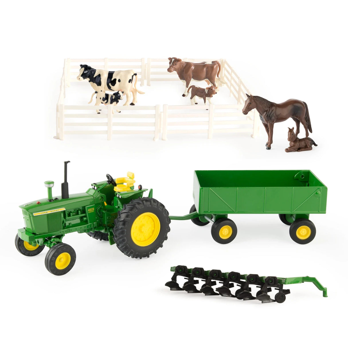 TOMY | John Deere tractor 4020 1:32 con vagon, rastra, corral y caballos