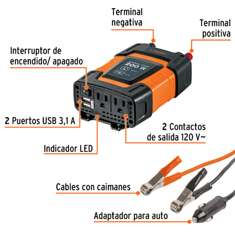 TRUPER | Inversor de corriente con puertos USB 200 watts