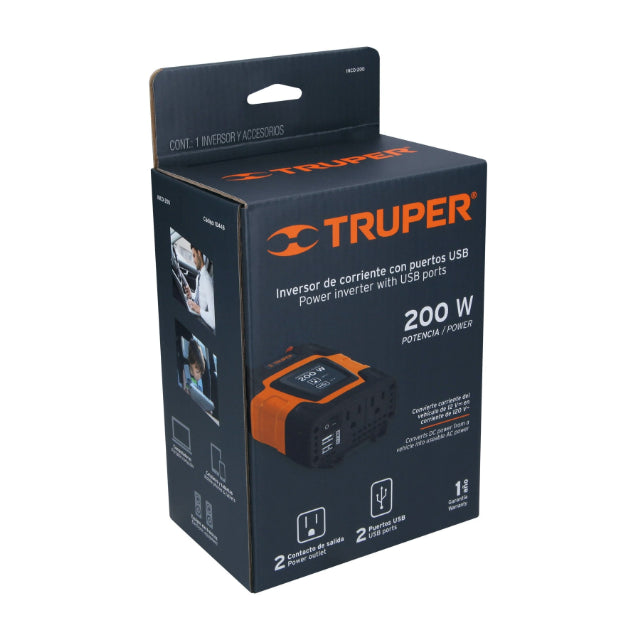 TRUPER | Inversor de corriente con puertos USB 200 watts