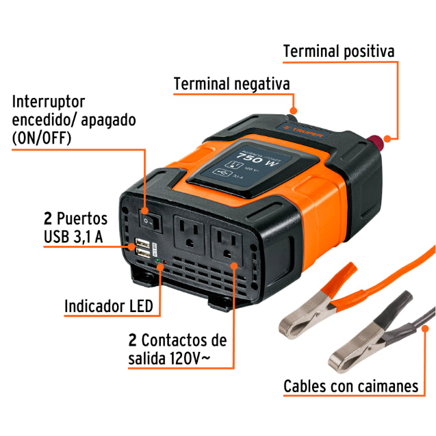 TRUPER | Inversor de corriente con puertos USB 750 watts