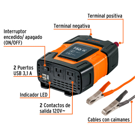 TRUPER | Inversor de corriente con puertos USB 750 watts