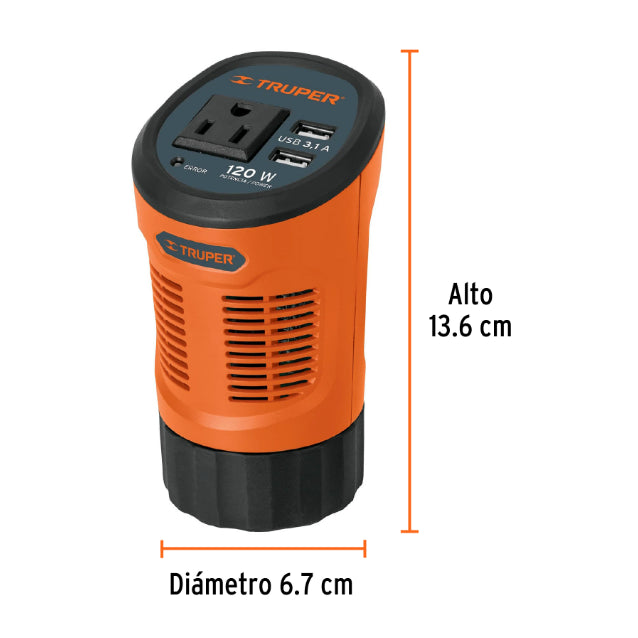 TRUPER | Inversor de corriente tipo copa con puertos USB 120 watts