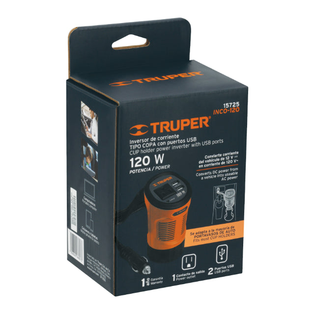 TRUPER | Inversor de corriente tipo copa con puertos USB 120 watts