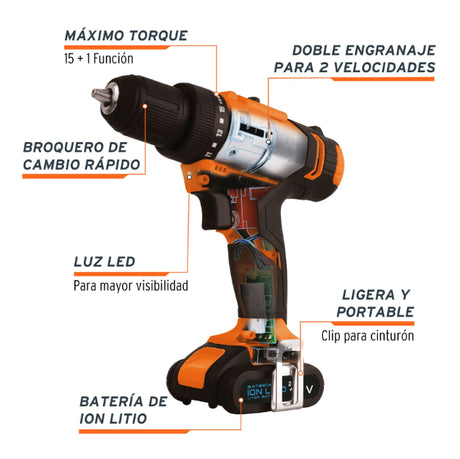 TRUPER | Taladro destornillador inalambrico de 12V y 9.5mm